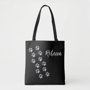 Silver Dog Paws black Background Print Pattern Tote Bag