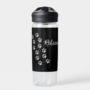 Silver Dog Paws black Background Print Pattern Water Bottle