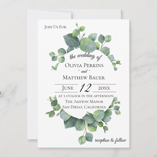 Silver Dollar Eucalyptus Leaves Wedding Invitation (Front)