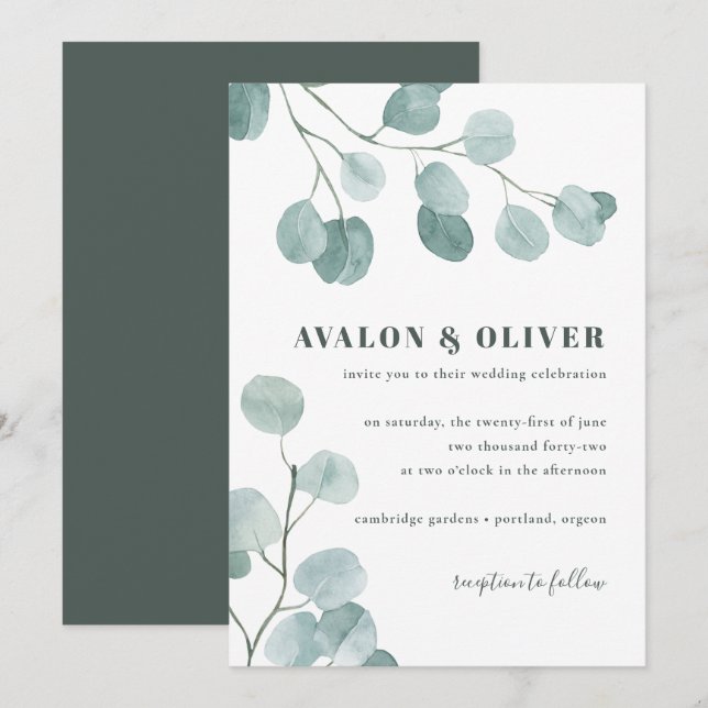 Silver Dollar Eucalyptus Wedding Invitation (Front/Back)