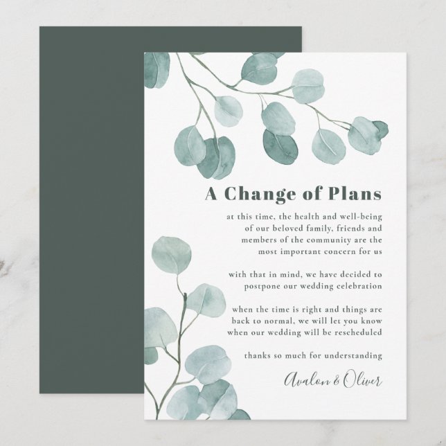Silver Dollar Eucalyptus Wedding Postponement Invitation (Front/Back)