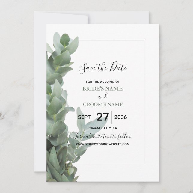Silver Dollar Eucalyptus Wedding Save The Date (Front)