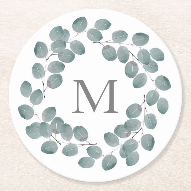 Silver Dollar Eucalyptus Wreath Round Paper Coaster (Front)