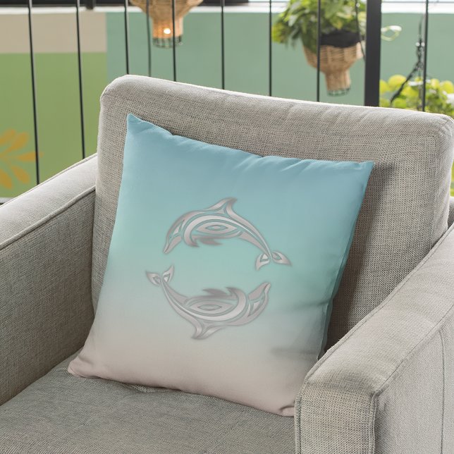 Silver  Dolphin Turquoise Modern Maritime Throw Pillow (Creator Uploaded)
