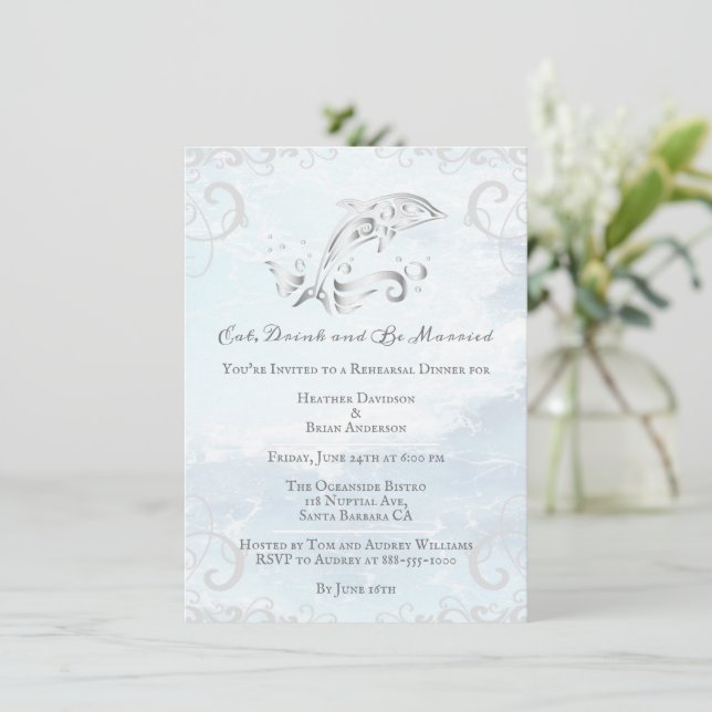 Silver Dolphin Wedding Rehearsal Dinner Invitation (Standing Front)
