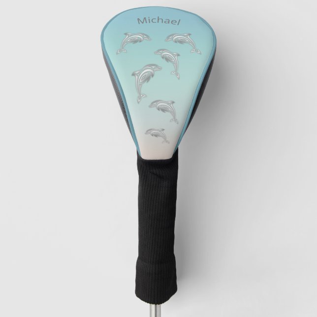 Silver Dolphins Coastal Add Name Golf Head Cover (Front)