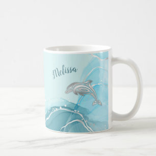 Silver Dolphins Wave Coastal Your Name  Coffee Mug