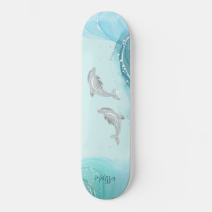 Silver Dolphins Wave Coastal Your Name  Skateboard