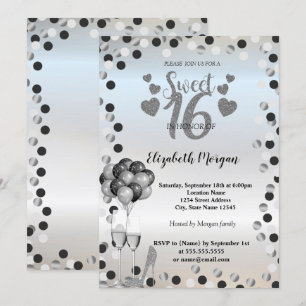 Silver Dots ,Glass,Ballons Sweet 16 Party Invitation