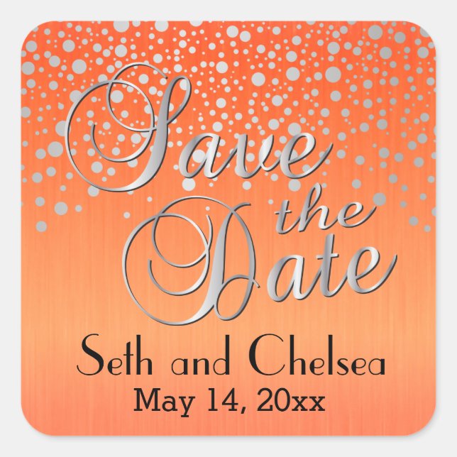 Silver Dots & Orange | Personalize Square Sticker (Front)