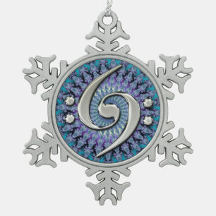 Silver Double Bass Clef Fractal Snowflake Ornament