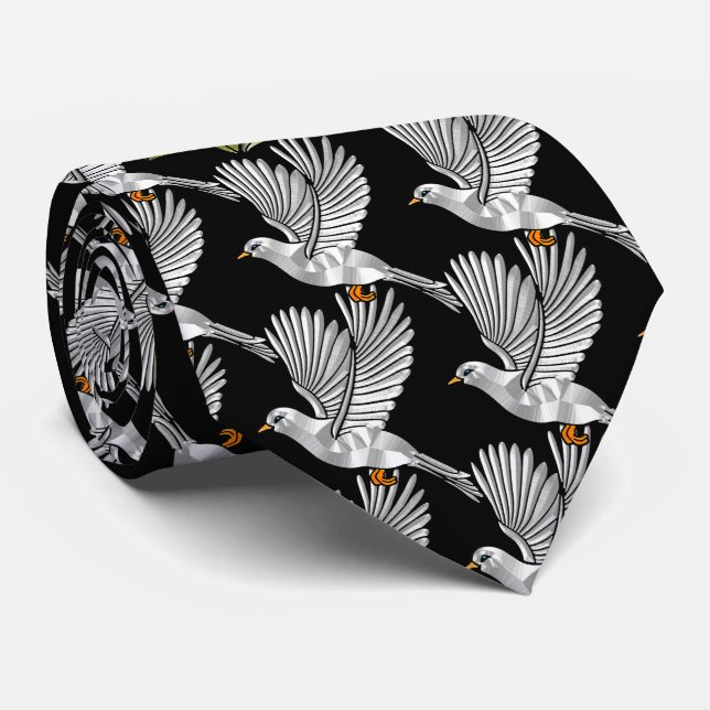 Silver Doves and Red Rose on Black Wedding Tie (Rolled)
