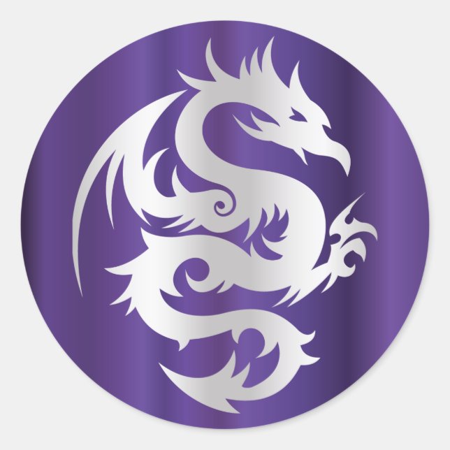 Silver Dragon on Imperial Purple Classic Round Sticker (Front)