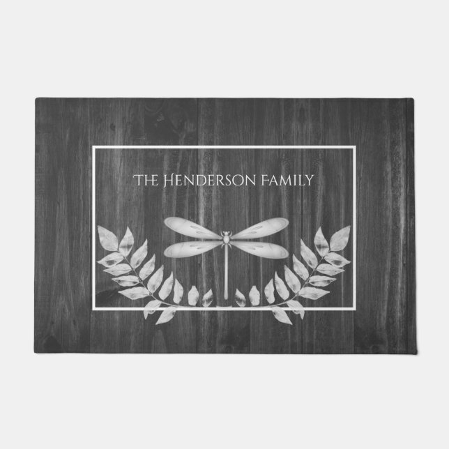 Silver Dragonfly Rustic Personalized Doormat (Front)