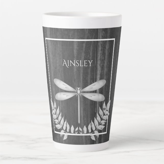 Silver Dragonfly Rustic Personalized Latte Mug (Front)