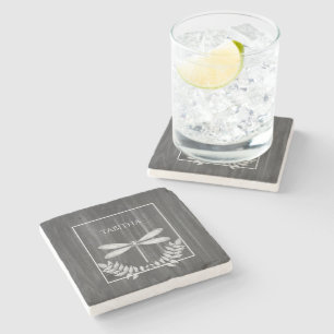 Silver Dragonfly Rustic Personalized Stone Coaster