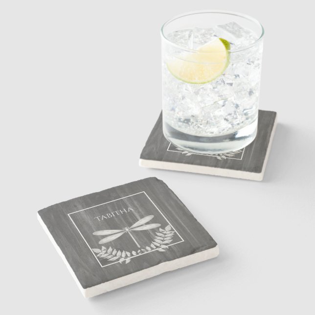 Silver Dragonfly Rustic Personalized Stone Coaster (Side)