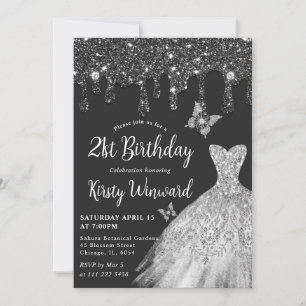Silver Dress & Black Glitter 21st Birthday Invitation