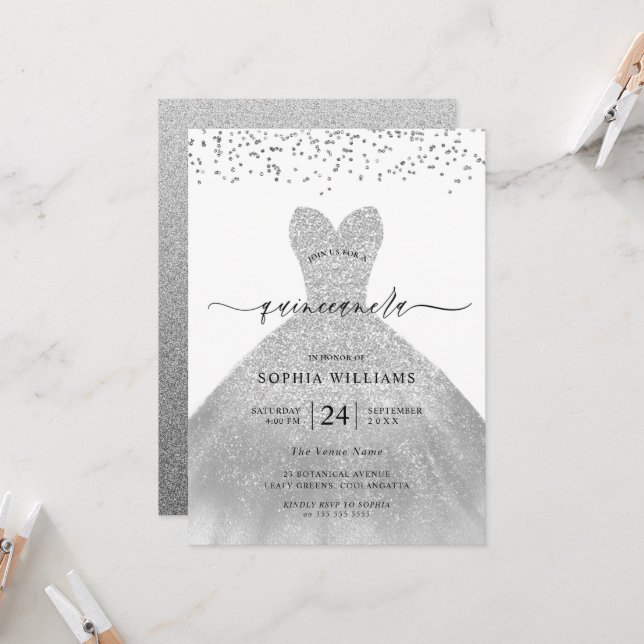 Silver Dress Elegant Glitter Quinceanera Party Invitation (Front/Back In Situ)