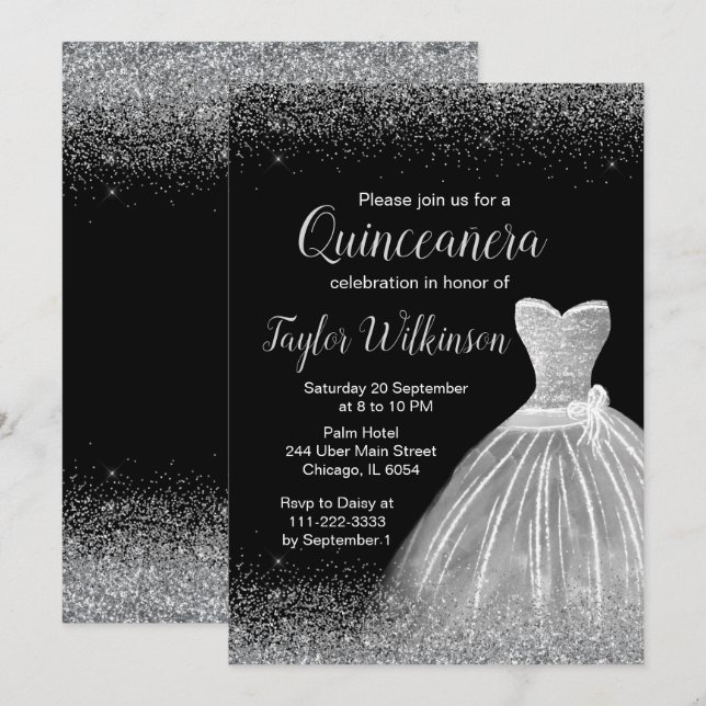 Silver Dress Faux Glitter Quinceanera Invitation (Front/Back)