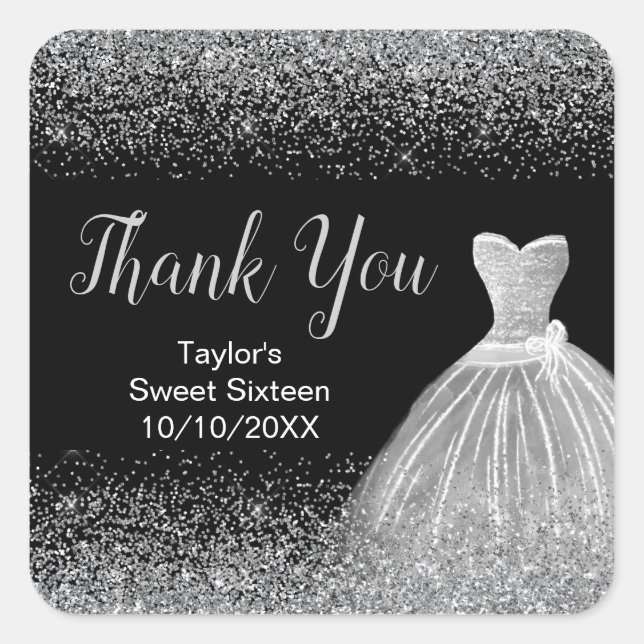 Silver Dress Faux Glitter Sweet 16 Birthday Square Sticker (Front)