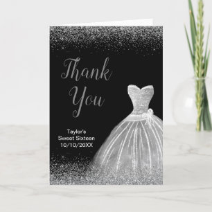 Silver Dress Faux Glitter Sweet 16 Birthday Thank You Card