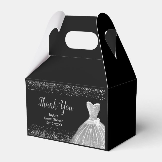 Silver Dress Faux Glitter Sweet 16  Favor Box (Back Side)