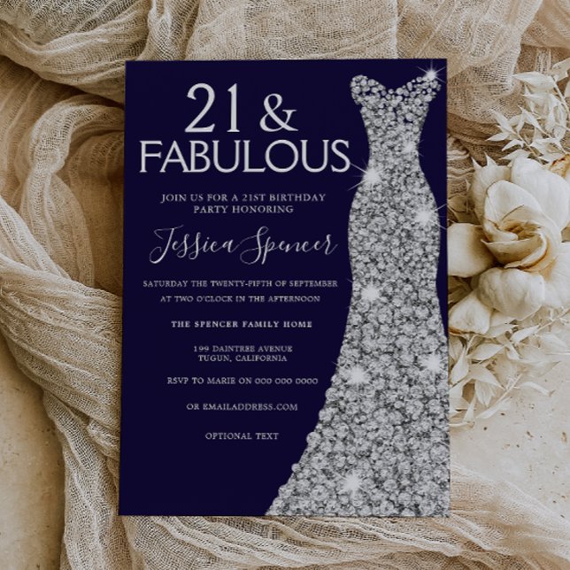Silver Dress Midnight 21 & Fabulous 21st Birthday Invitation (Creator Uploaded)