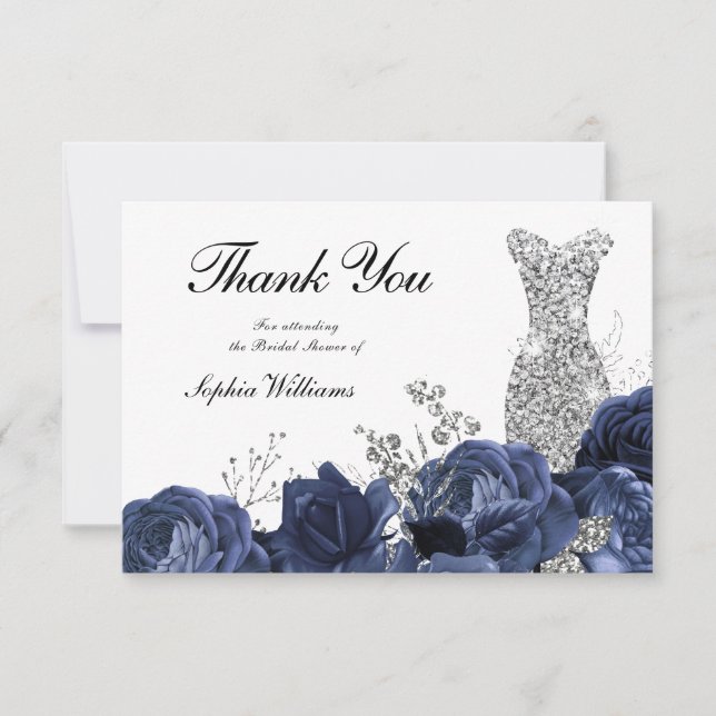 Silver Dress Navy Brunch & Bubbly Bridal Shower Thank You Card (Front)