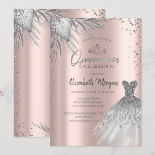 Silver Dress,Pampas Flowers Rose Gold Quinceañera Invitation