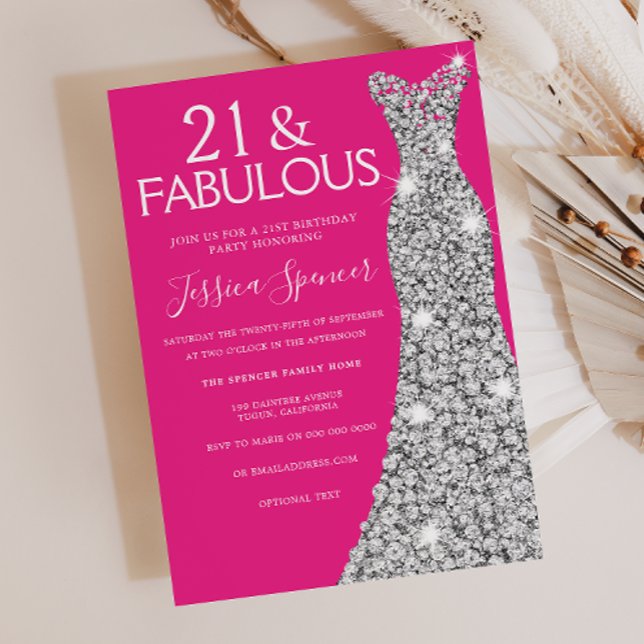 Silver Dress Pink 21 & Fabulous 21st Birthday Invitation (Creator Uploaded)