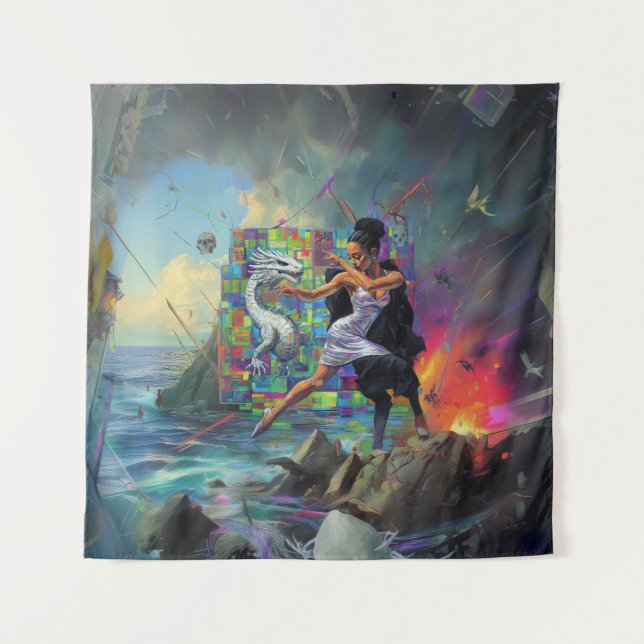 Silver Dress Priestess Occult Dark Witchy AI Art Tapestry (Front)