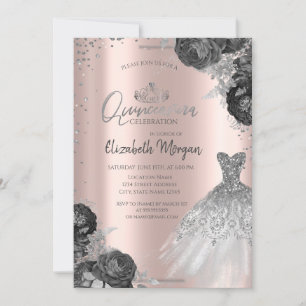 Silver Dress Roses Diamonds Rose Gold Quinceañera  Invitation