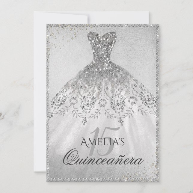 Silver Dress Sparkle Quinceanera Invitation (Front)