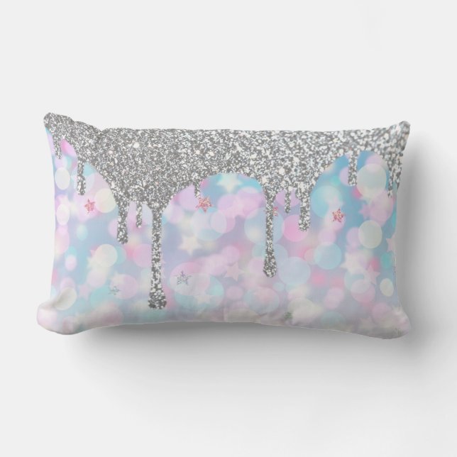 *~* Silver Drip Glitter -  Pastel Blue Pink Stars  Lumbar Pillow (Front)