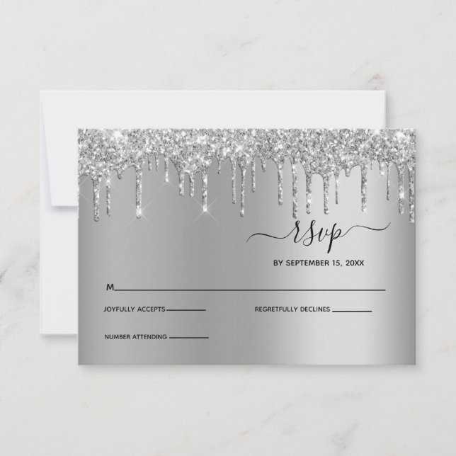 Silver Dripping Glitter Drips Elegant Wedding RSVP Card (Front)