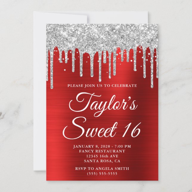 Silver Dripping Glitter Red Foil Sweet 16 Invitation (Front)