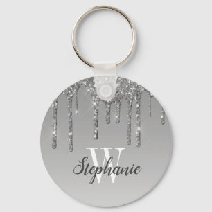 Silver Dripping Glitter Sparkles Monogram Keychain