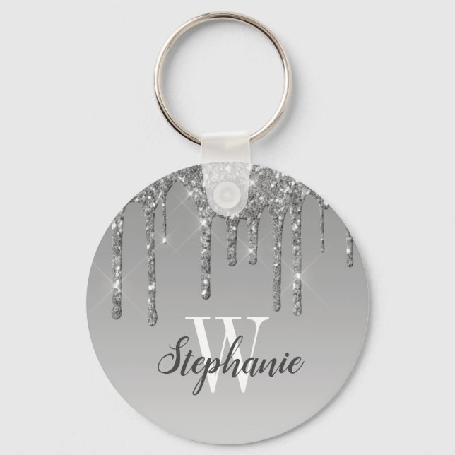 Silver Dripping Glitter Sparkles Monogram Keychain (Front)