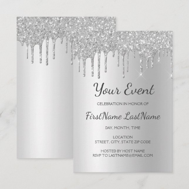 Silver Dripping Glitter Sweet 16 Bridal Shower Invitation (Front/Back)