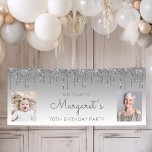Silver Dripping Glitter Two Photo 70th Birthday Banner<br><div class="desc">Welcome guests with this chic, glamourous 70th birthday party photo banner, featuring a sparkly silver faux glitter drip border and silver ombre background. Easily replace the two sample images with photos of the guest of honour. Personalize it with her name in grey handwriting script, with the birthday below in sans...</div>