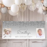 Silver Dripping Glitter Two Photo 90th Birthday Banner<br><div class="desc">Welcome guests with this chic, glamourous 90th birthday party photo banner, featuring a sparkly silver faux glitter drip border and silver ombre background. Easily replace the two sample images with photos of the guest of honour. Personalize it with her name in grey handwriting script, with the birthday below in sans...</div>