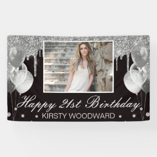 Silver Dripping Glitter with Balloons Birthday Banner