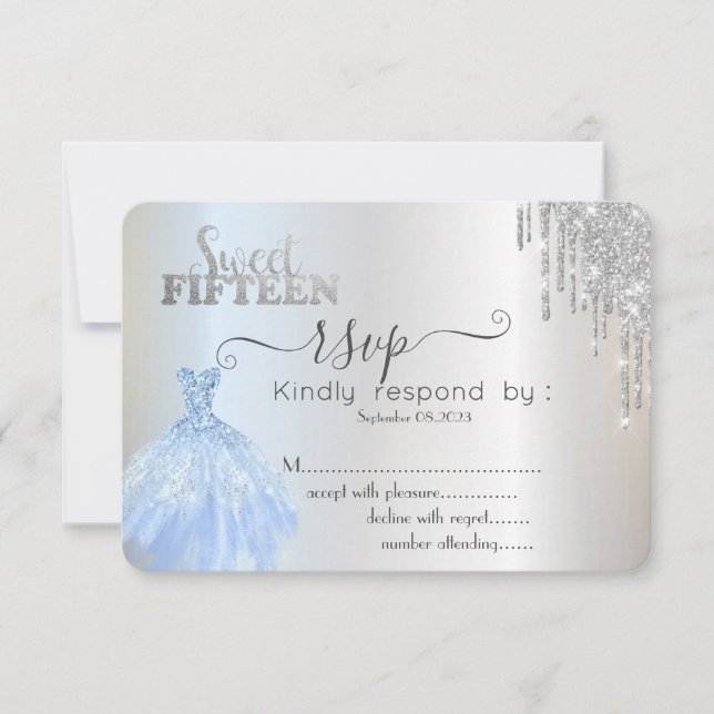 Silver Drips Blue Dress Sweet 15 RSVP  Invitation (Front)