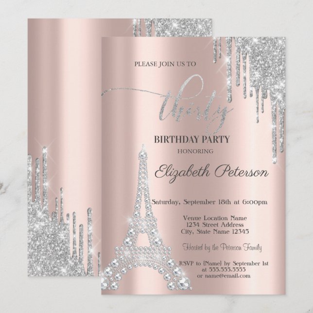 Silver Drips,Diamonds Eiffel Tower 30th Birthday  Invitation (Front/Back)