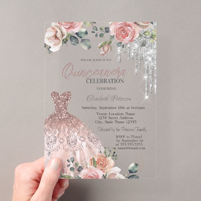 Silver Drips,Dress,Roses Pink Quinceanera  Acrylic Invitations (Insitu (Handheld))
