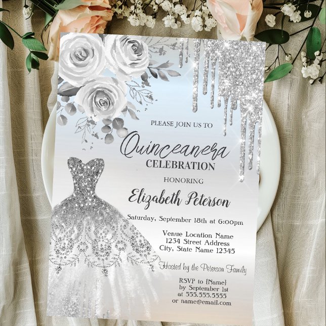 Silver Drips,Dress Roses Silver Quinceanera   Invitation (Creator Uploaded)