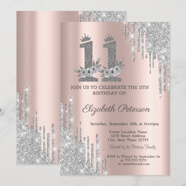 Silver Drips Flowers Rose Gold 11th Birthday  Invitation (Front/Back)