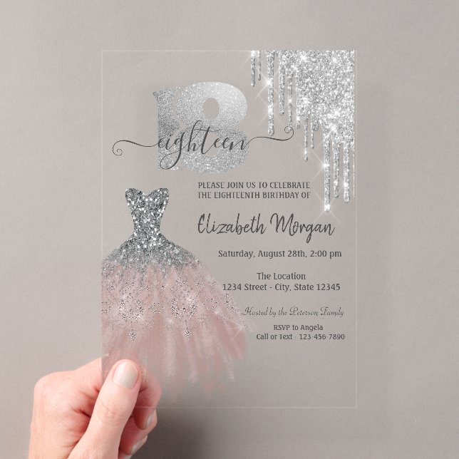 Silver Drips Glitter Chic Dress 18th Birthday Acrylic Invitations (Insitu (Handheld))