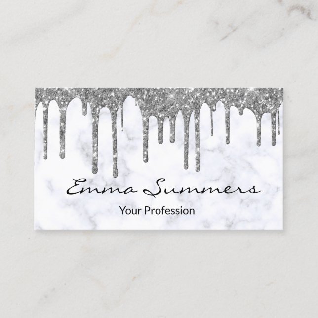 Silver Drips Marble Customize Glitter Business Card (Front)